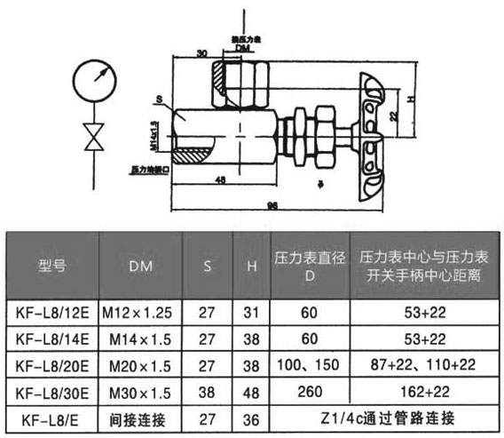 KF型压力表开关结构尺寸