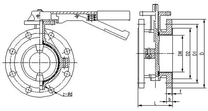 D41F手动法兰蝶阀，不锈钢法兰蝶阀，衬四氟法兰蝶阀结构尺寸